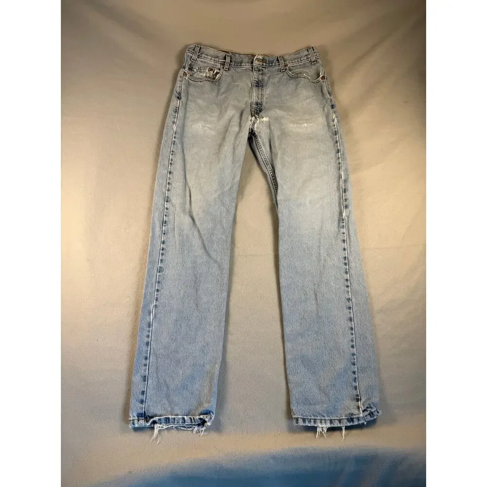 Levi's 505 Jeans Mens 36x34 Blue Straight Leg Regular Fit Light Wash Distressed